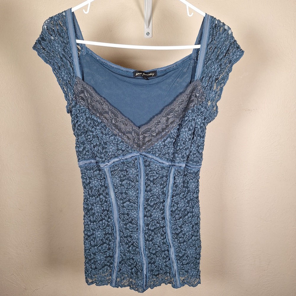 Ann Ferriday Y2K Babydoll Bella Fairy Lace Trim Empire Milkmaid Top Blue Large